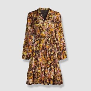 NWT Size L Kobi Halperin Vibrant Yellow and Black Silk Floral Dress